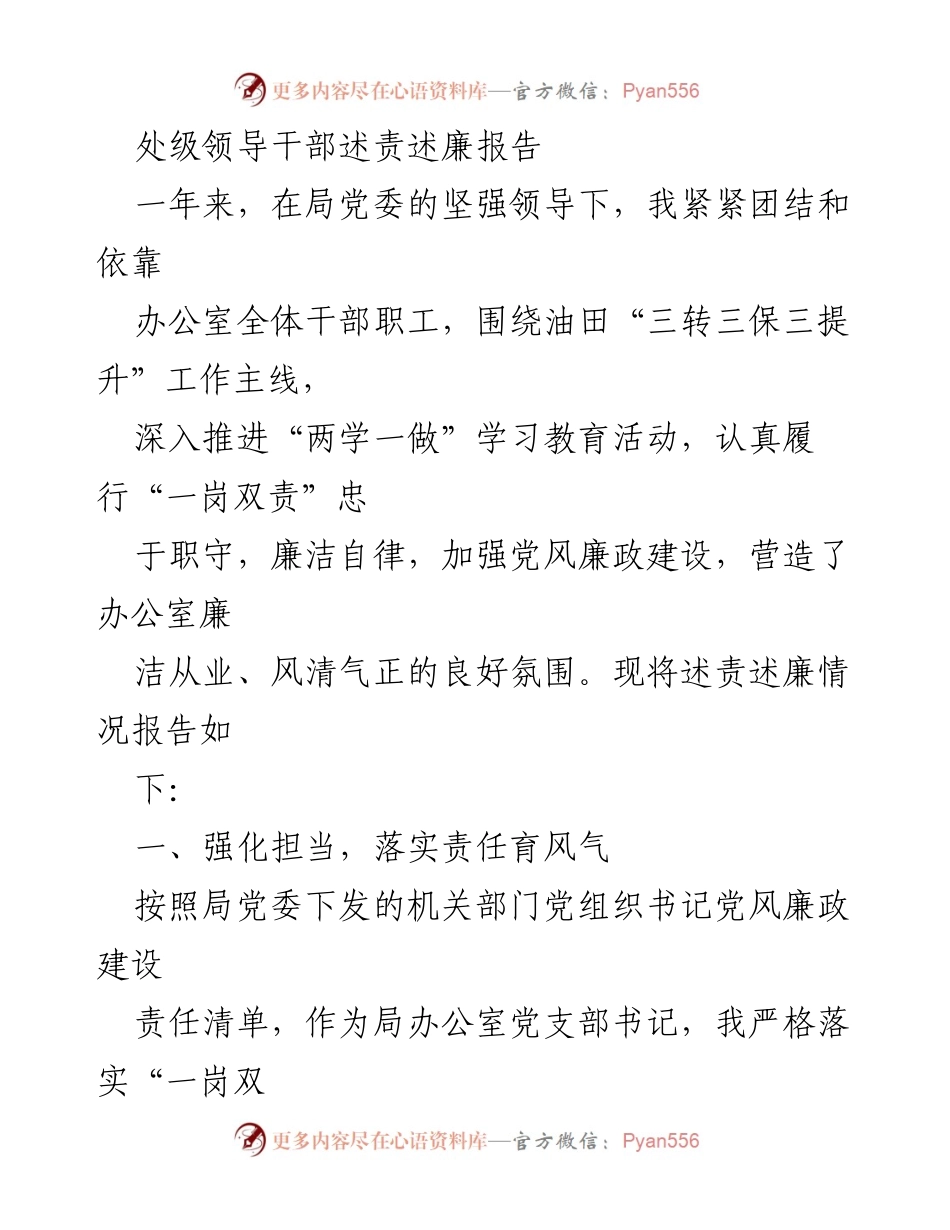 [述责述廉报告] 处级领导干部 - 党风廉政建设与责任落实情况报告.docx_第1页