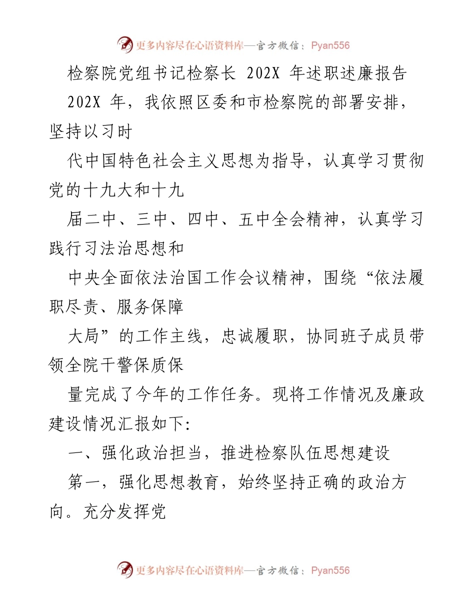 [述职报告] 检察院 - 202X年检察院党组书记述职述廉报告.docx_第1页