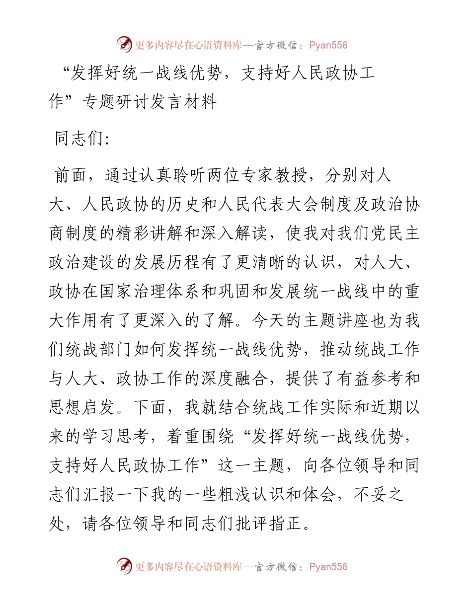 “发挥好统一战线优势，支持好人民政协工作”专题研讨发言材料.docx_第1页