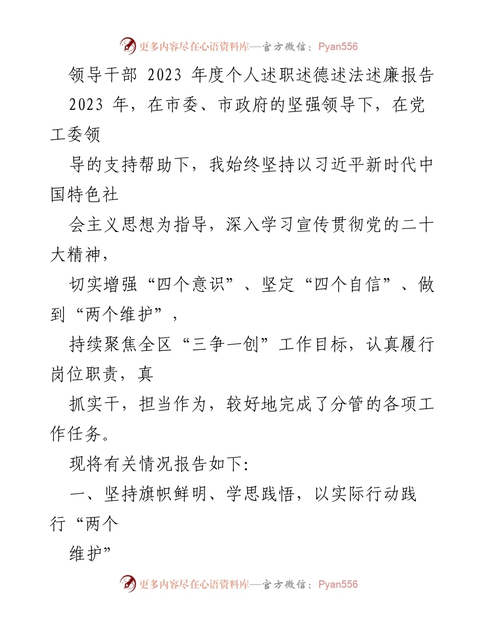 [述职报告] 年度总结 - 2023年度领导干部个人述职述德述法述廉报告.docx_第1页