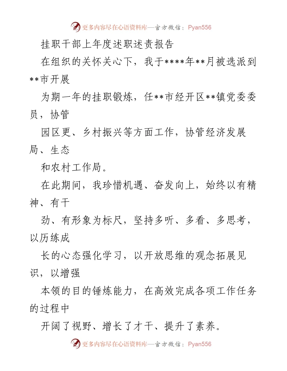 [述职报告] 挂职干部总结 - 挂职锻炼年度述职述责报告.docx_第1页