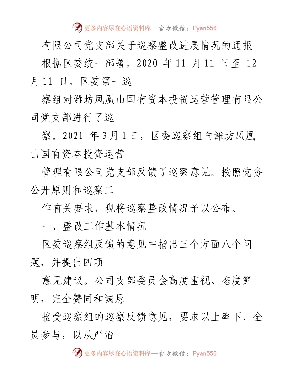 [通报] 巡察整改 - 潍坊凤凰山国有资本投资运营管理有限公司党支部巡察整改进展情况通报.docx_第1页