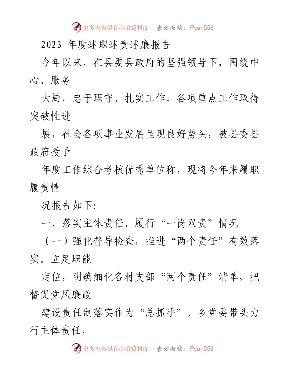 [述职报告] 年度工作总结 - 2023年度履职履责述职报告.docx_第1页