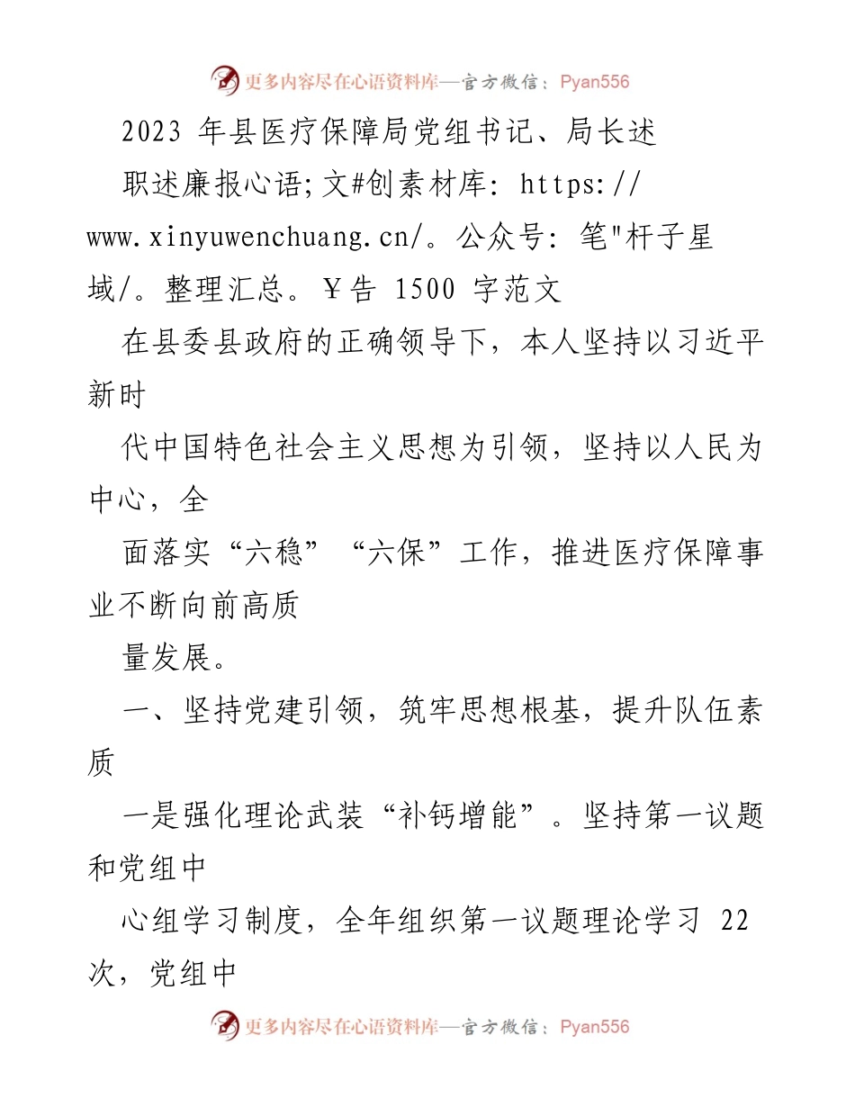 [述职述廉报告] 医疗保障局 - 2023年医疗保障局党组书记述职述廉报告.docx_第1页