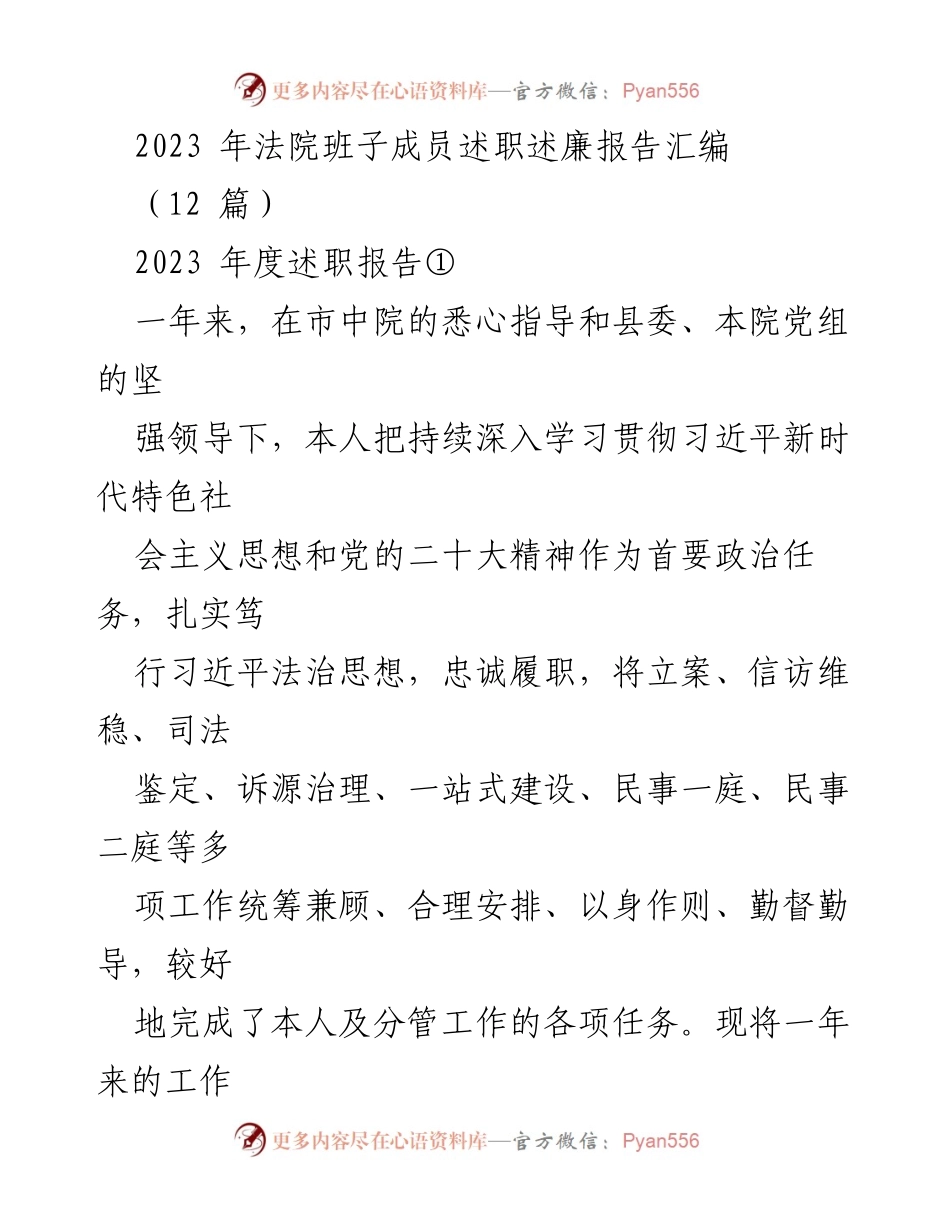 [述职述廉报告] 法院工作总结 - 2023年度法院班子成员述职述廉报告汇编.docx_第1页