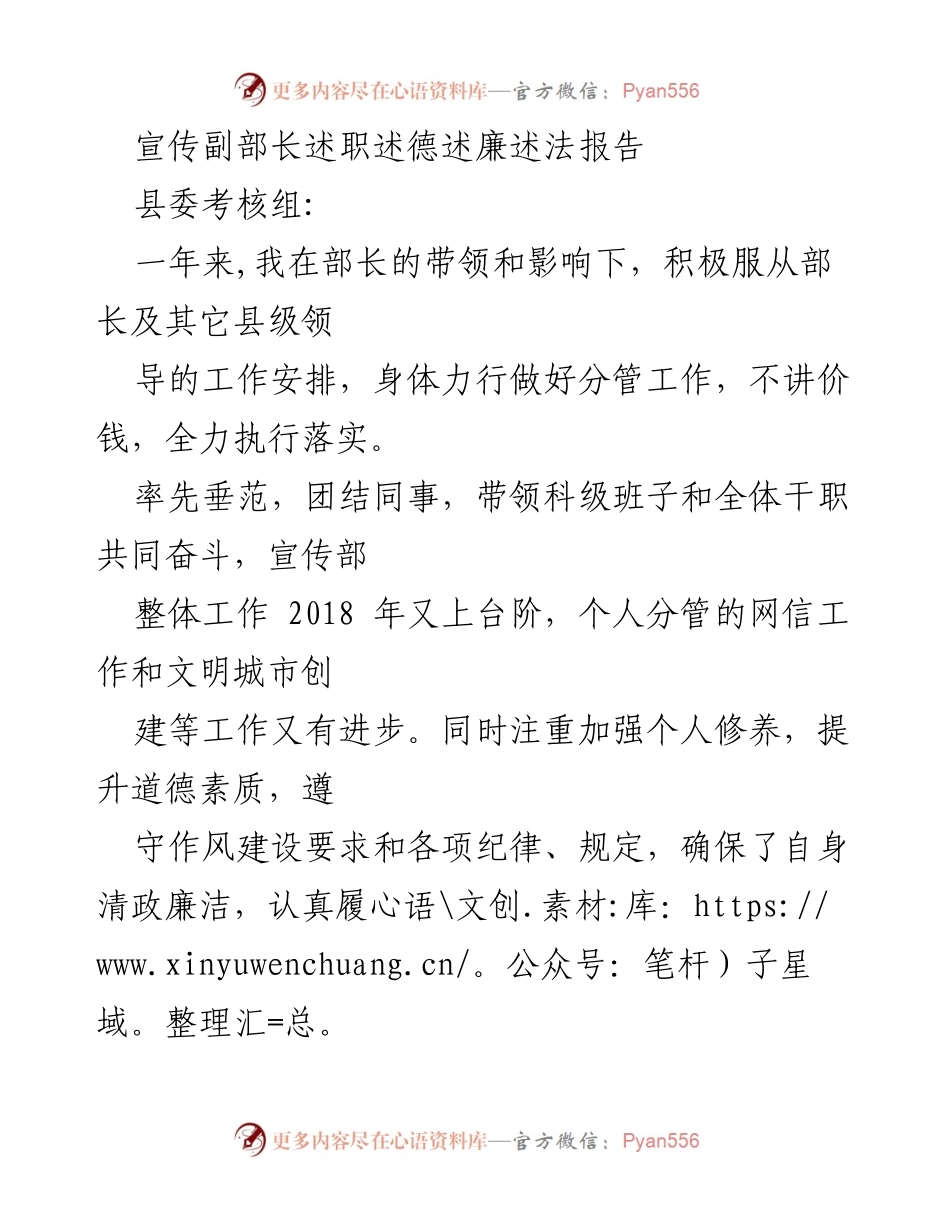 [述职报告] 考核会议 - 宣传副部长年度述职述德述廉述法报告.docx_第1页