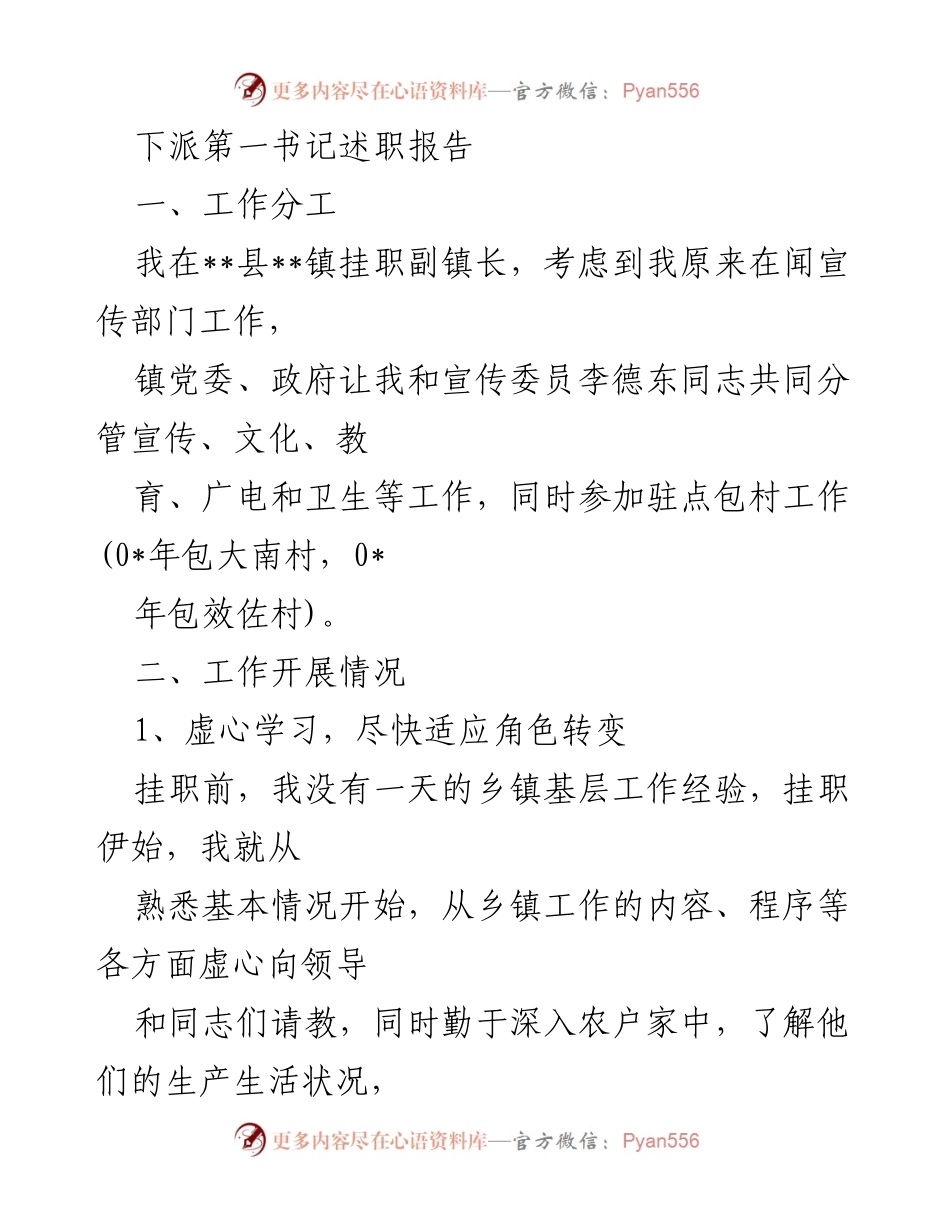 [述职报告] 挂职工作 - 第一书记挂职述职报告总结.docx_第1页