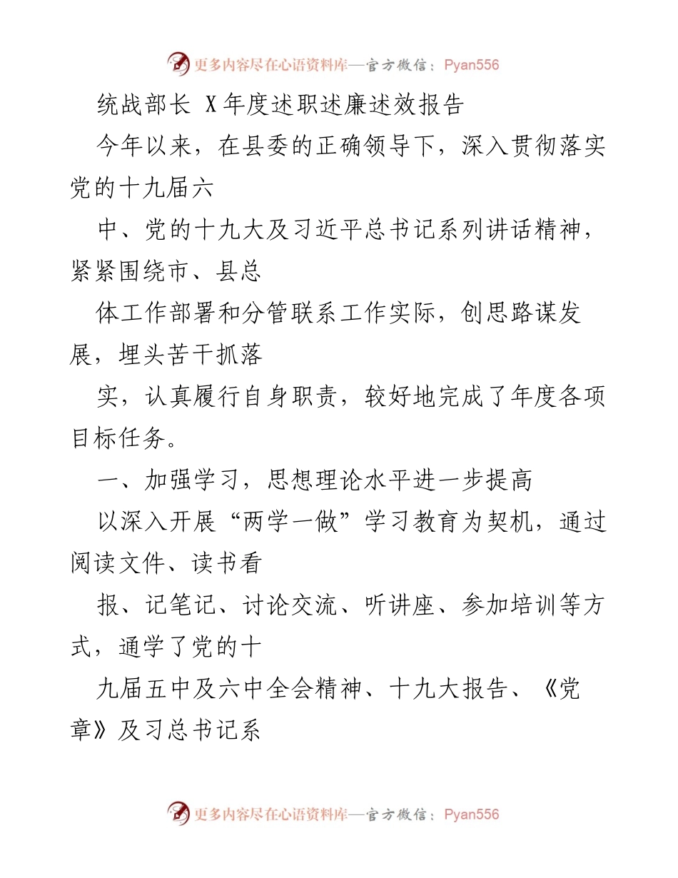 [述职报告] 年度工作总结 - 统战部长年度述职述廉述效报告.docx_第1页