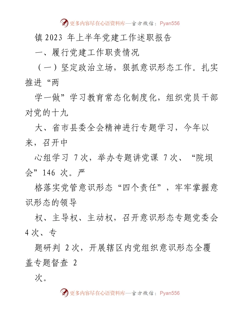 [述职报告] 镇党建工作 - 2023年上半年党建工作述职报告.docx_第1页