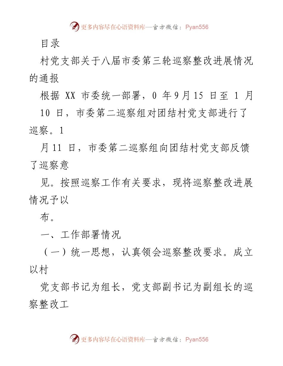 [通报] 村党支部关于八届市委第三轮巡察整改进展情况的通报.docx_第1页