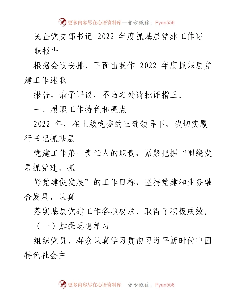 [述职报告] 民企党支部 - 2022年度基层党建工作述职报告.docx_第1页