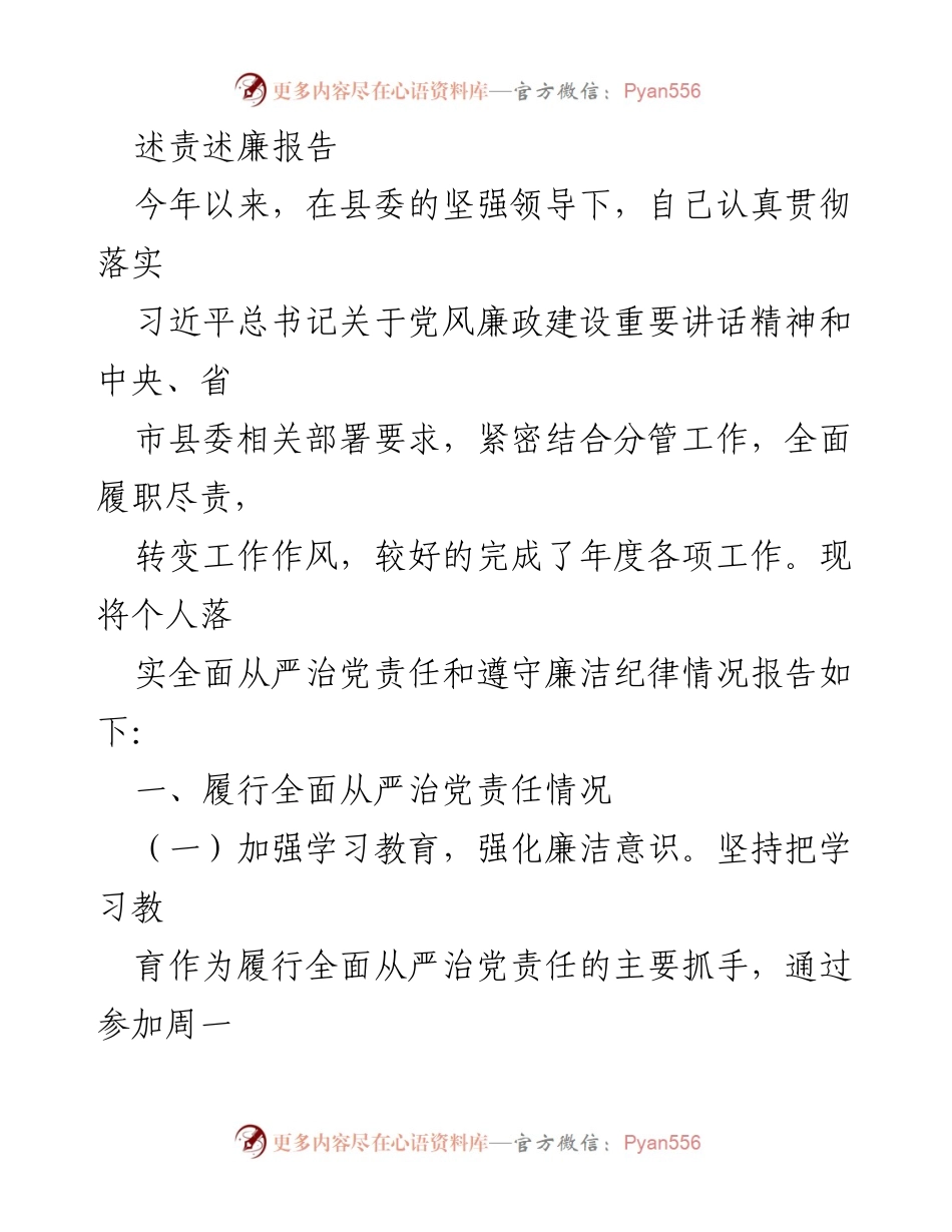 [述责述廉报告] 年度工作总结 - 坚持全面从严治党，强化廉洁自律责任.docx_第1页