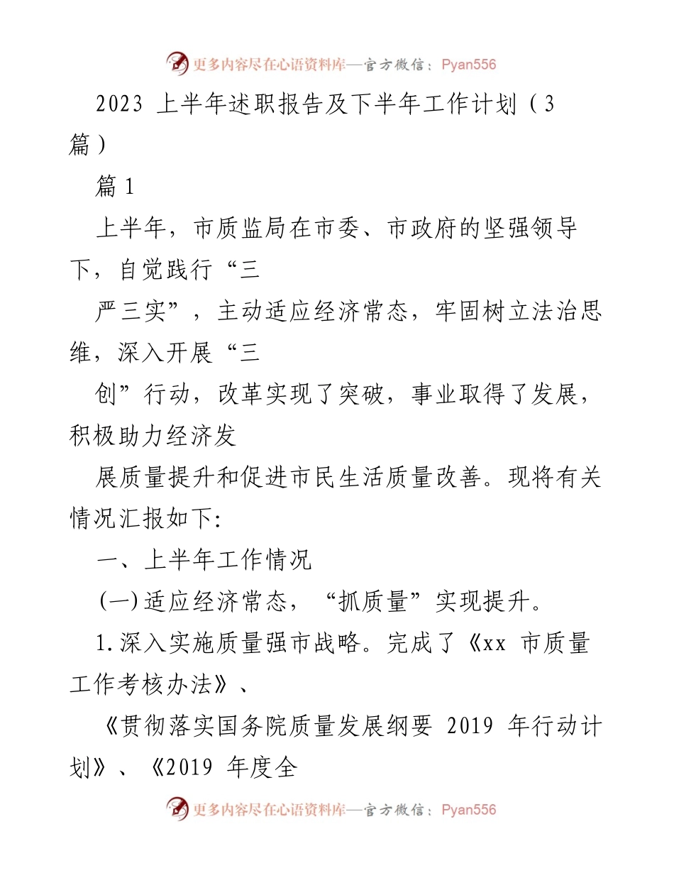 [述职报告] 市质监局 - 2023年上半年工作总结与下半年计划.docx_第1页