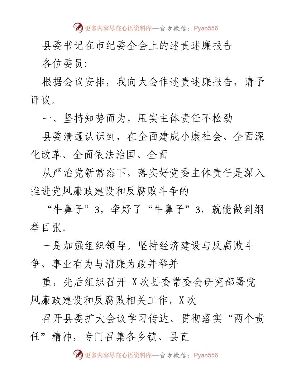 [述责述廉报告] 市纪委全会 - 县委书记述责述廉报告：落实主体责任与反腐败斗争的实践探索.docx_第1页