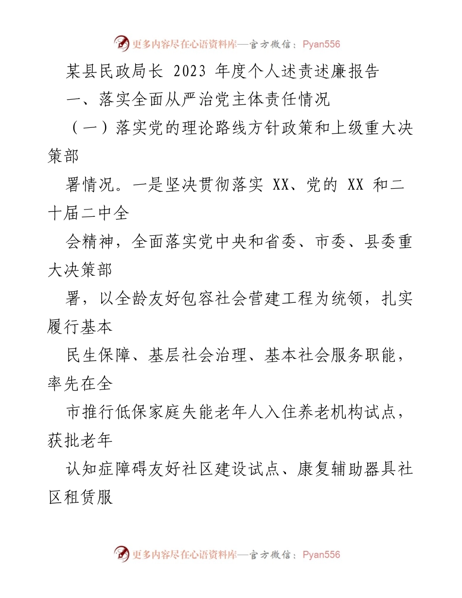 [述责述廉报告] 民政局年度总结 - 2023年度民政局长个人述责述廉报告.docx_第1页