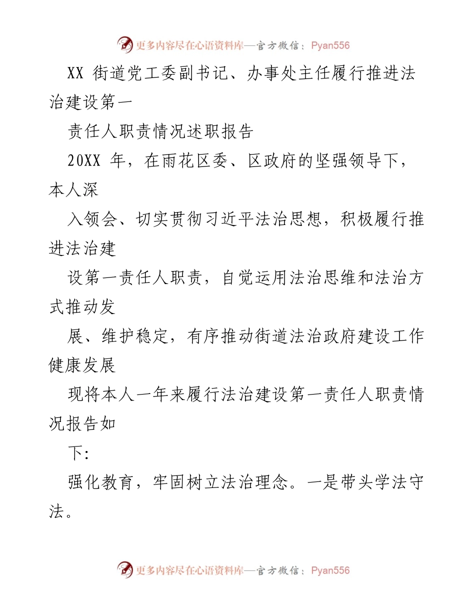 [述职报告] 法治建设推进 - 履行法治建设第一责任人职责情况报告.docx_第1页
