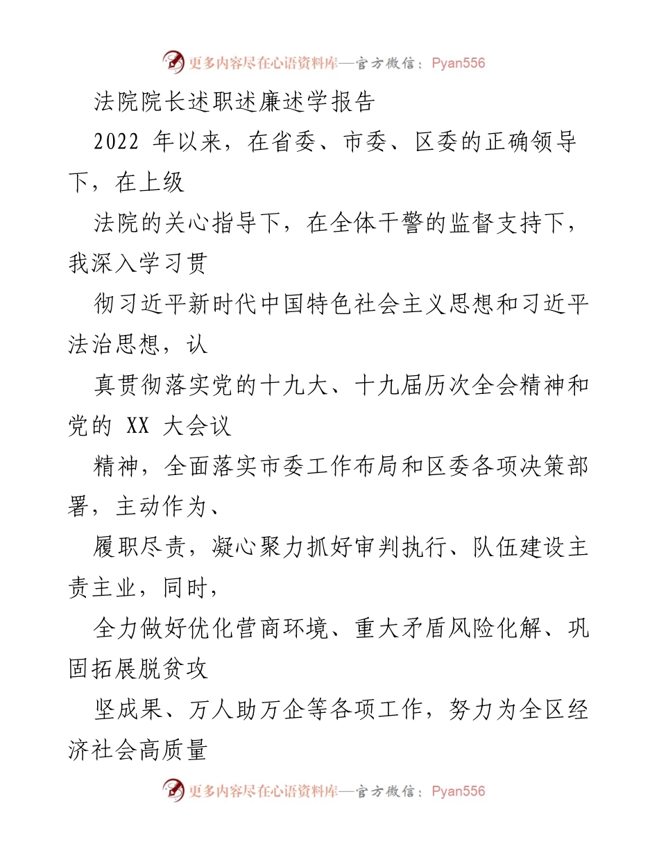 [述职报告] 法院 - 2022年度法院院长述职述廉述学报告.docx_第1页