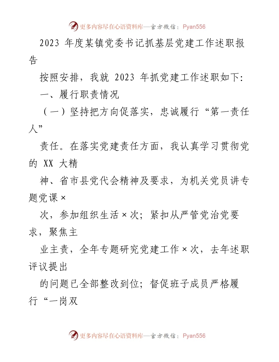 [述职报告] 基层党建工作 - 2023年度某镇党委书记抓党建工作述职报告_1.docx_第1页