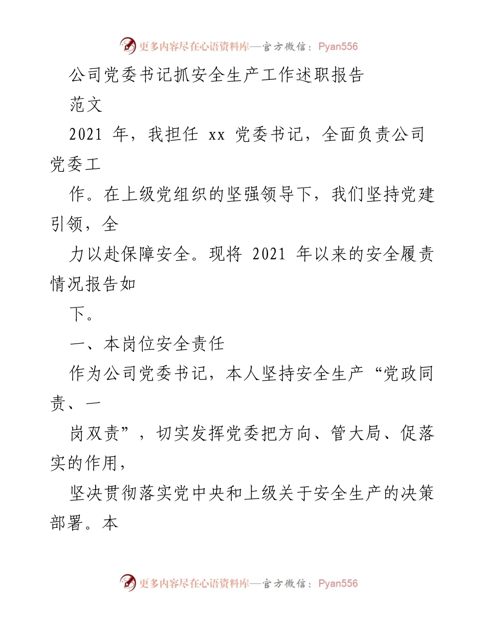 [述职报告] 安全生产工作 - 公司党委书记安全生产工作述职报告.docx_第1页