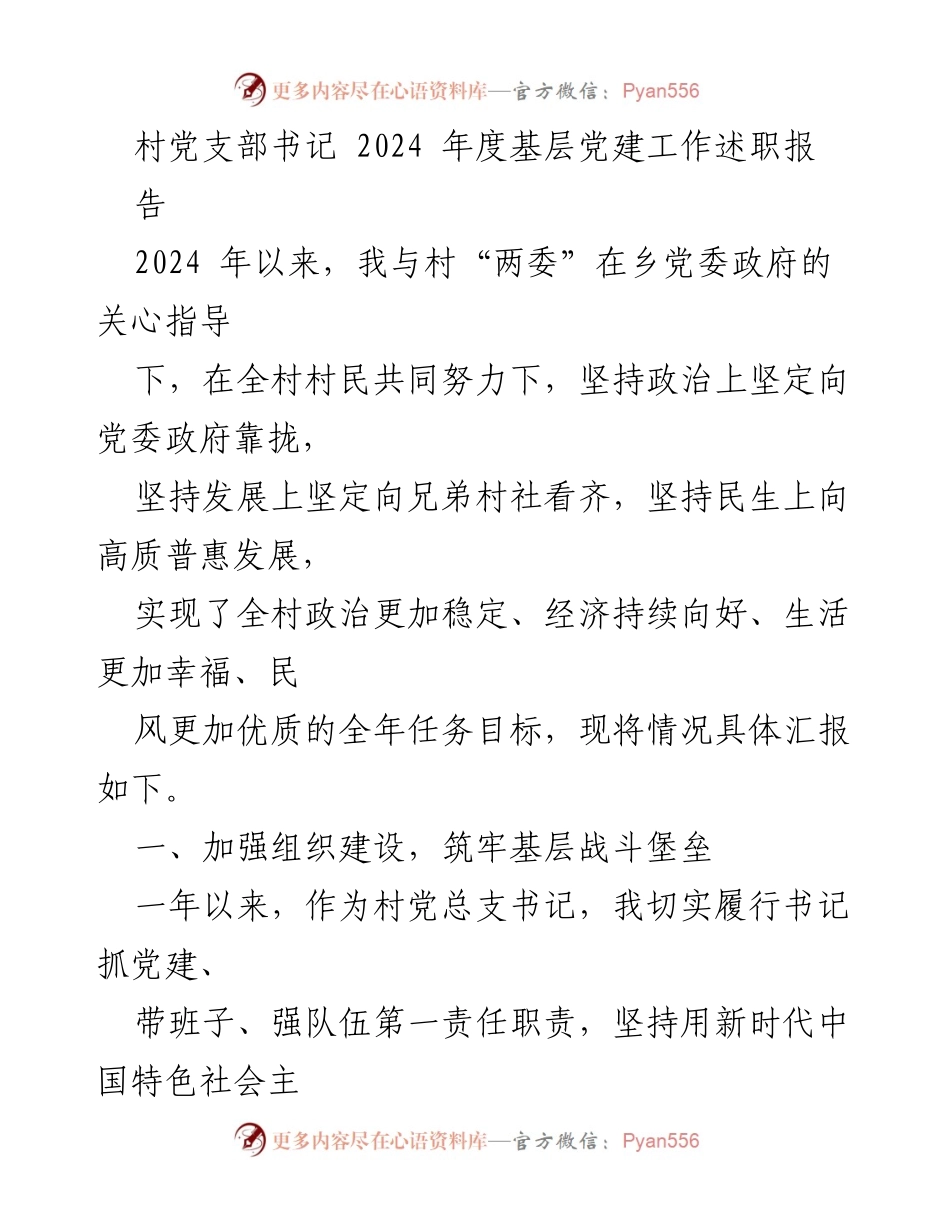 [述职报告] 村党支部书记述职 - 2024年度基层党建工作总结与展望.docx_第1页