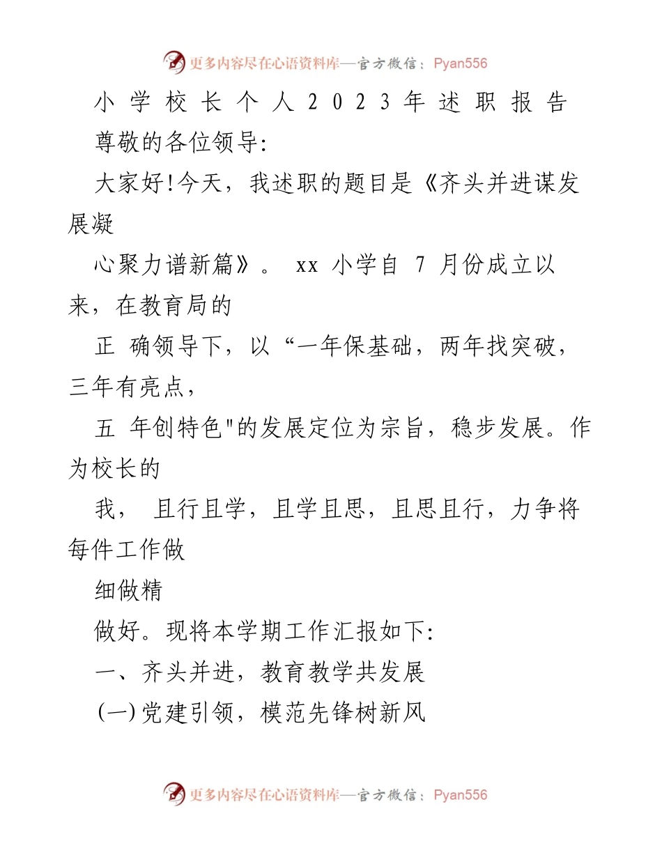 [述职报告] 学校年度总结 - 齐头并进谋发展，凝心聚力谱新篇.docx_第1页
