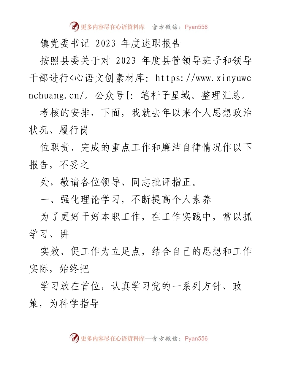 [述职报告] 镇党委书记年度考核 - 2023年度述职报告总结与反思.docx_第1页