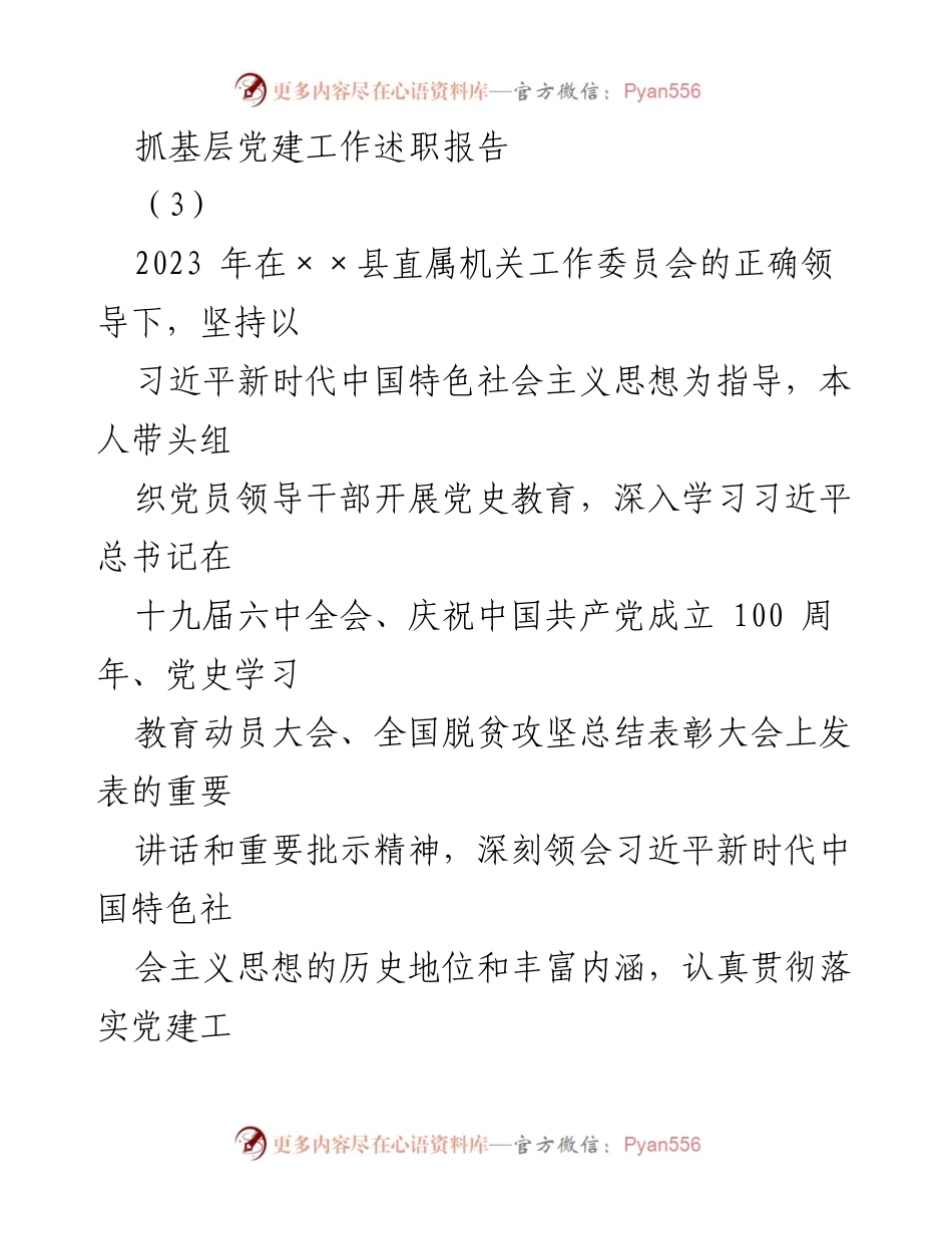 [述职报告] 基层党建工作 - 2023年度基层党建工作述职报告_19.docx_第1页