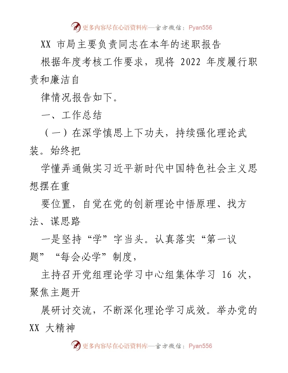 [述职报告] 年度考核 - XX市局主要负责同志2022年度述职总结与工作展望.docx_第1页