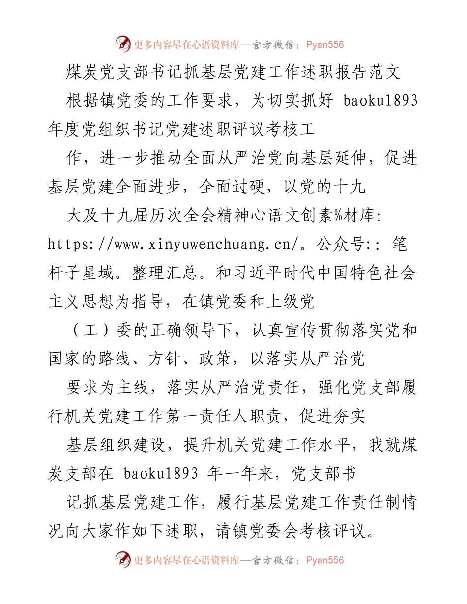[述职报告] 基层党建 - 煤炭党支部书记年度党建工作述职报告.docx_第1页