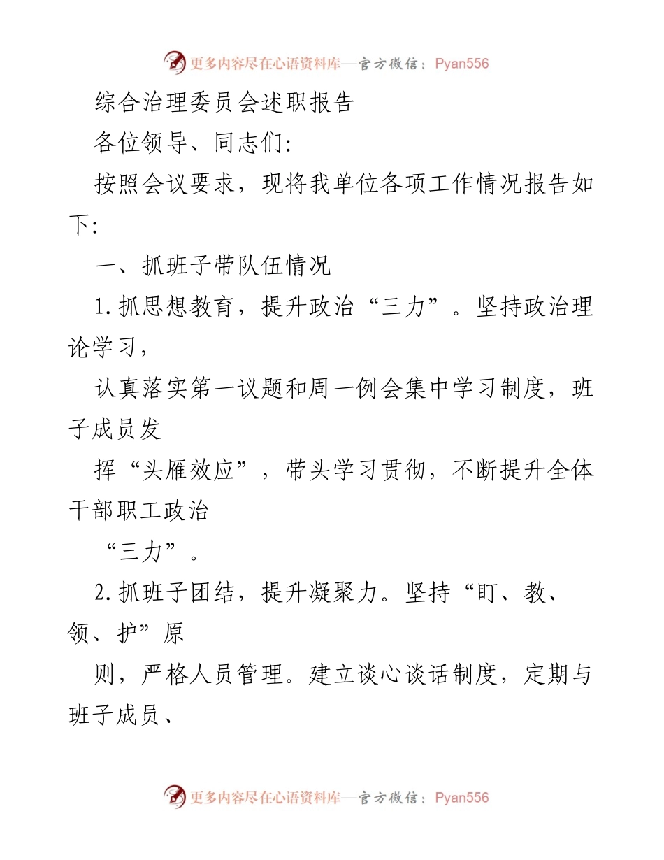 [述职报告] 综合治理委员会 - 提升政治“三力”与防范风险隐患的综合治理工作总结.docx_第1页