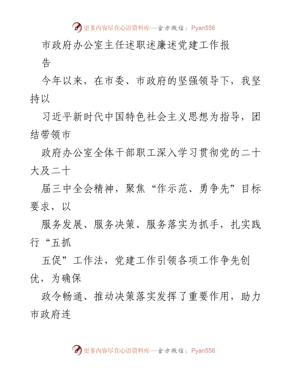 [述职报告] 市政府办公室 - 党建引领下的市政府办公室工作总结.docx_第1页