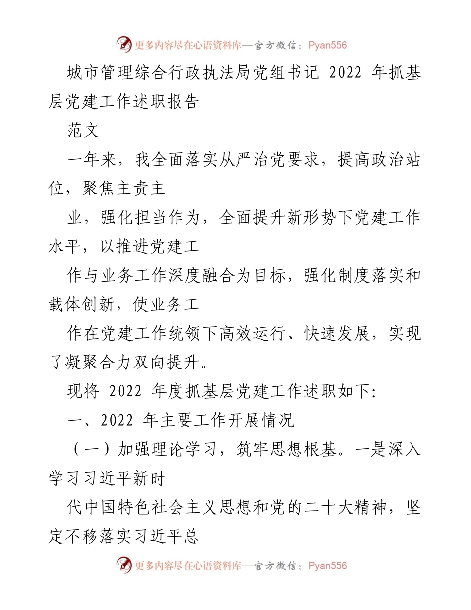 [述职报告] 城市管理综合行政执法局 - 2022 年党建工作述职报告总结.docx_第1页