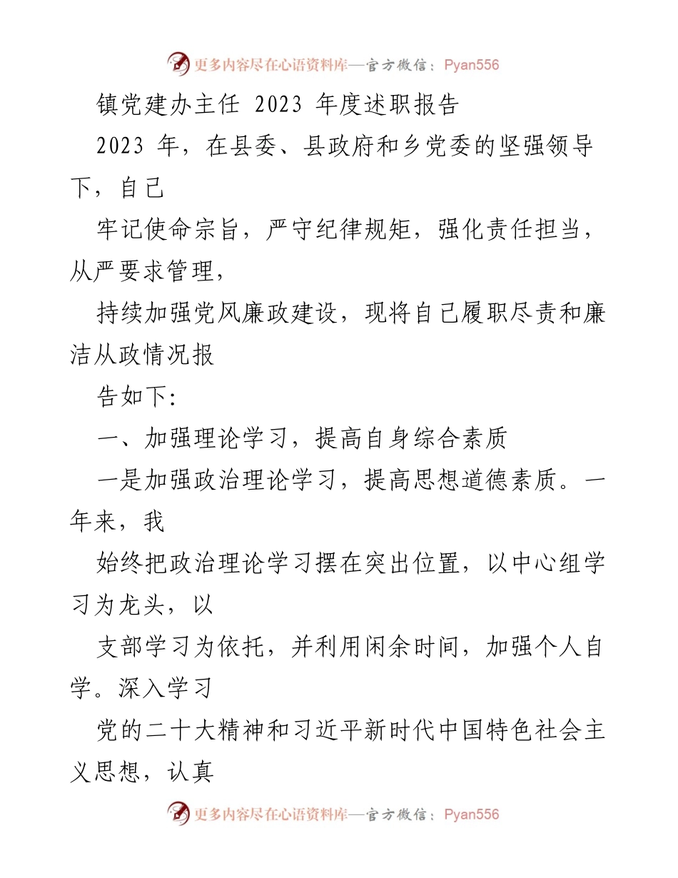 [述职报告] 镇党建办 - 2023年度党建办主任述职报告.docx_第1页