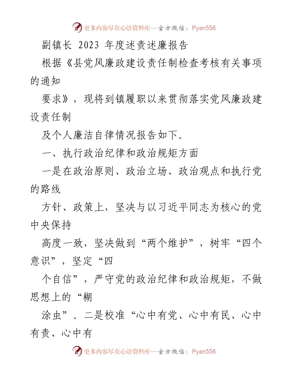 [述责述廉报告] 镇政府 - 副镇长2023年度述责述廉报告.docx_第1页