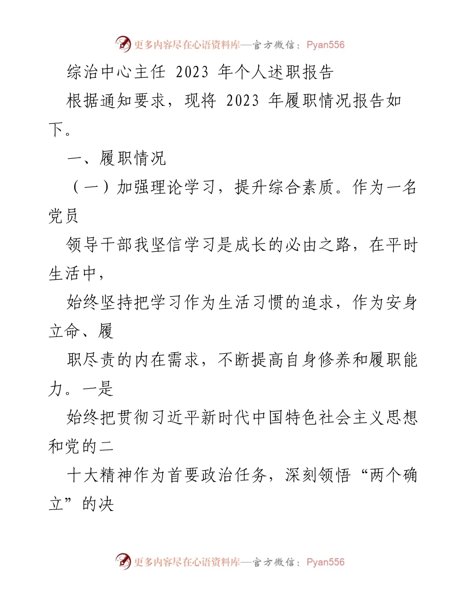 [述职报告] 综治中心 - 2023年综治中心主任个人履职总结报告_1.docx_第1页