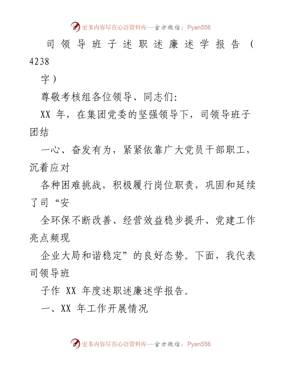 [述职述廉报告] 年度考核 - XX年度司领导班子述职述廉述学报告.docx_第1页