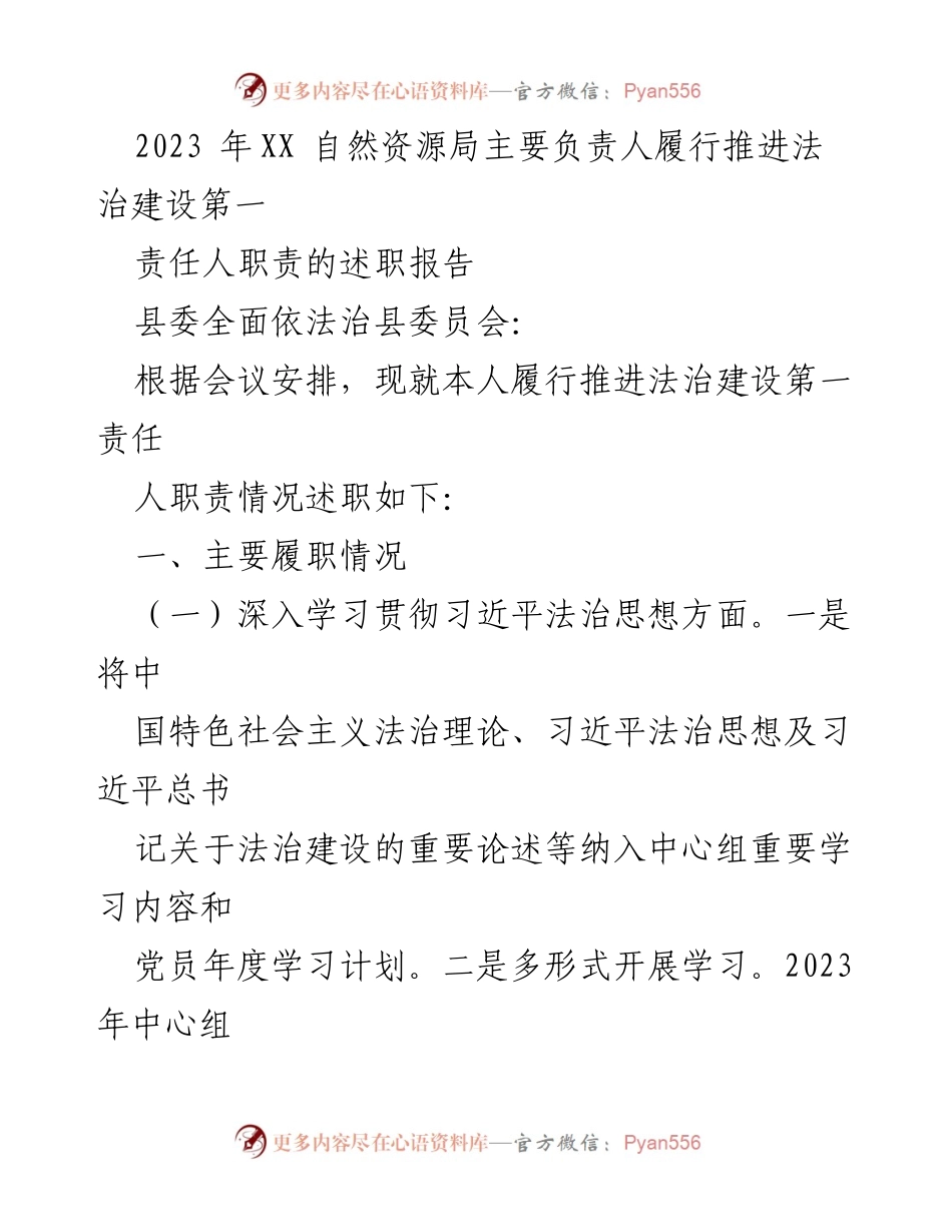 [述职报告] 法治建设 - 2023年XX自然资源局法治建设履职情况述职报告.docx_第1页