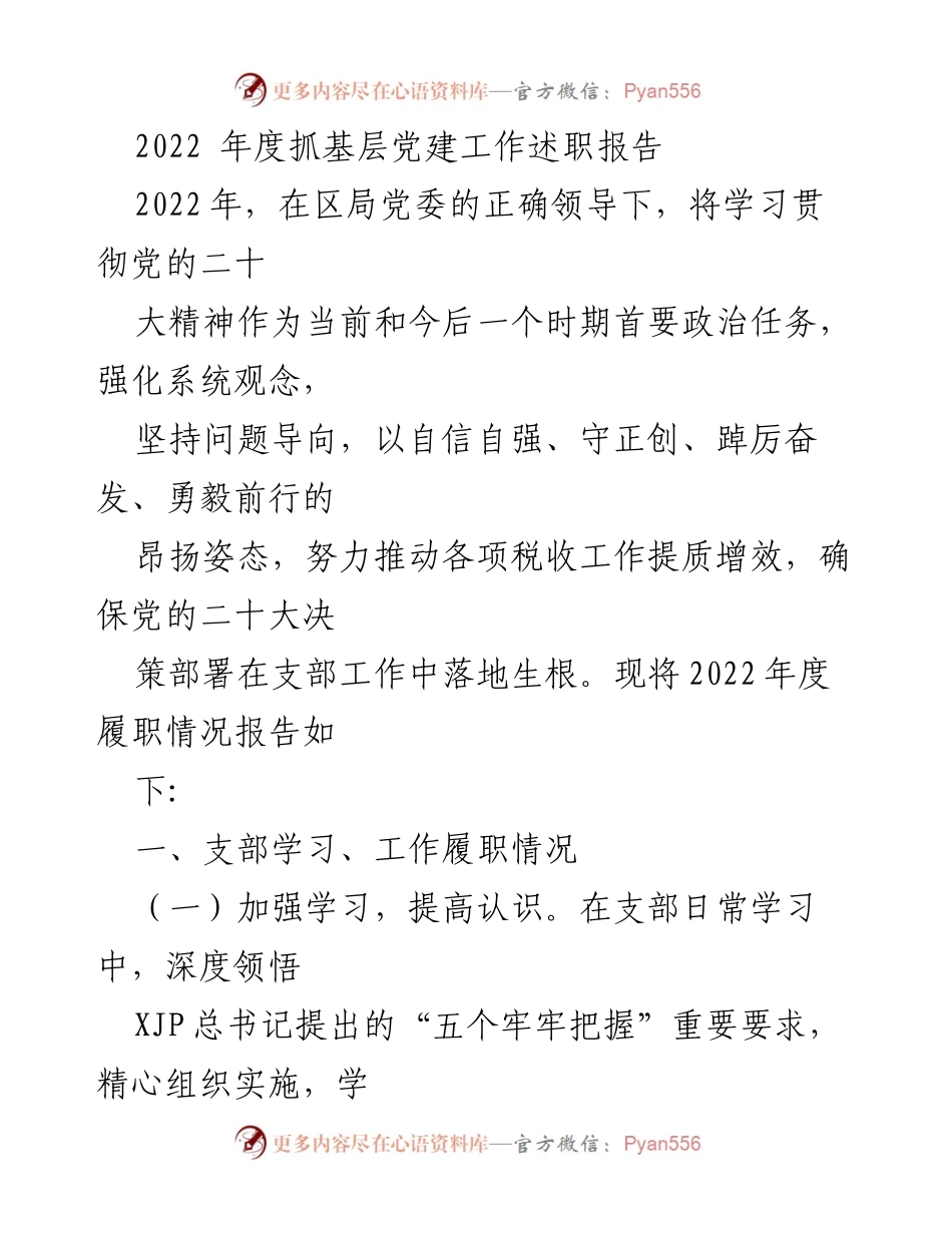 [述职报告] 年度总结 - 2022年度基层党建工作述职报告.docx_第1页