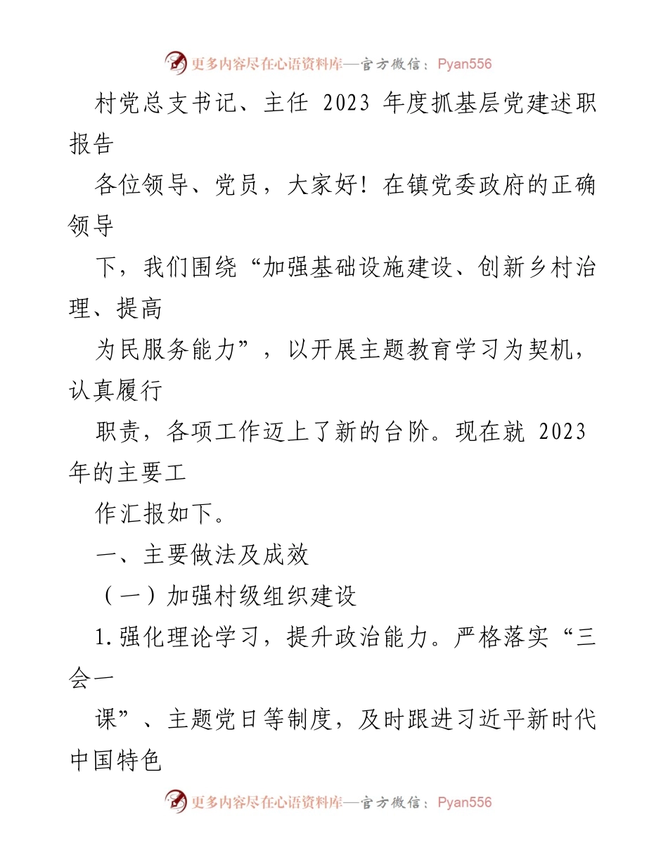 [述职报告] 村级党建工作 - 2023年度村党总支书记抓基层党建述职报告.docx_第1页