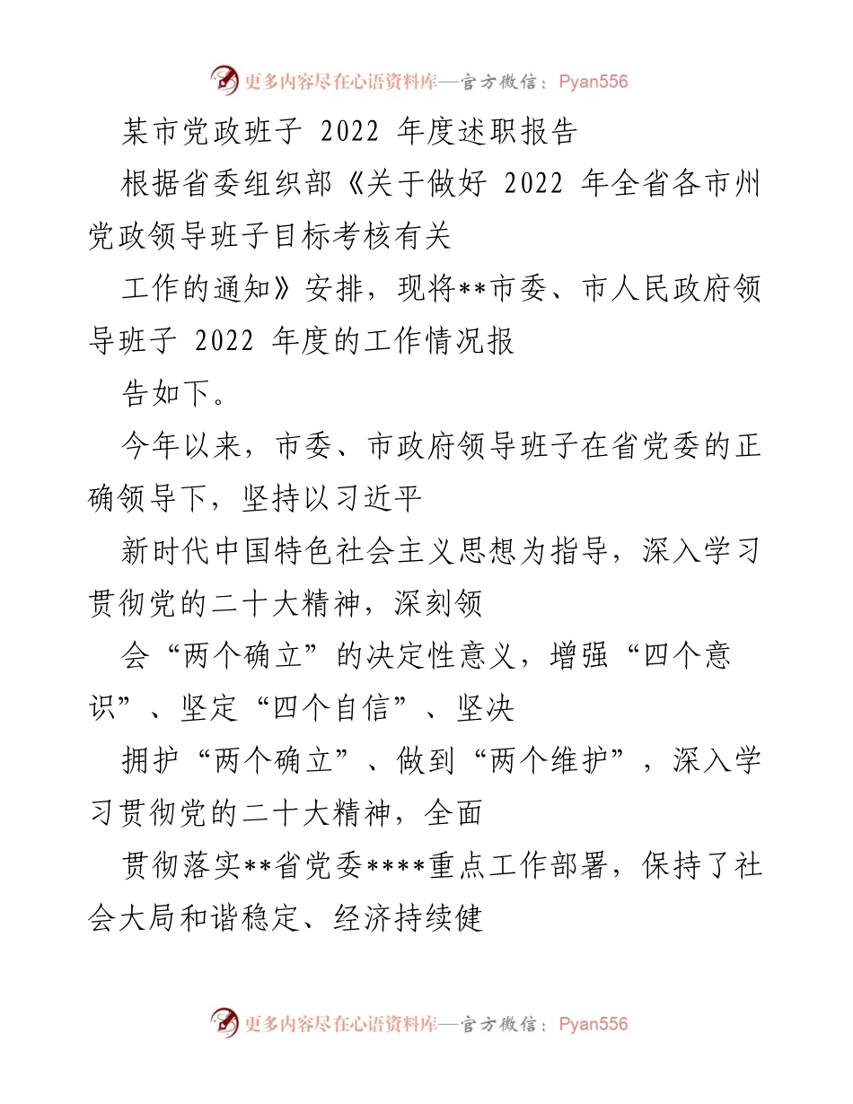 [述职报告] 年度总结 - 某市党政班子2022年度工作述职报告.docx_第1页