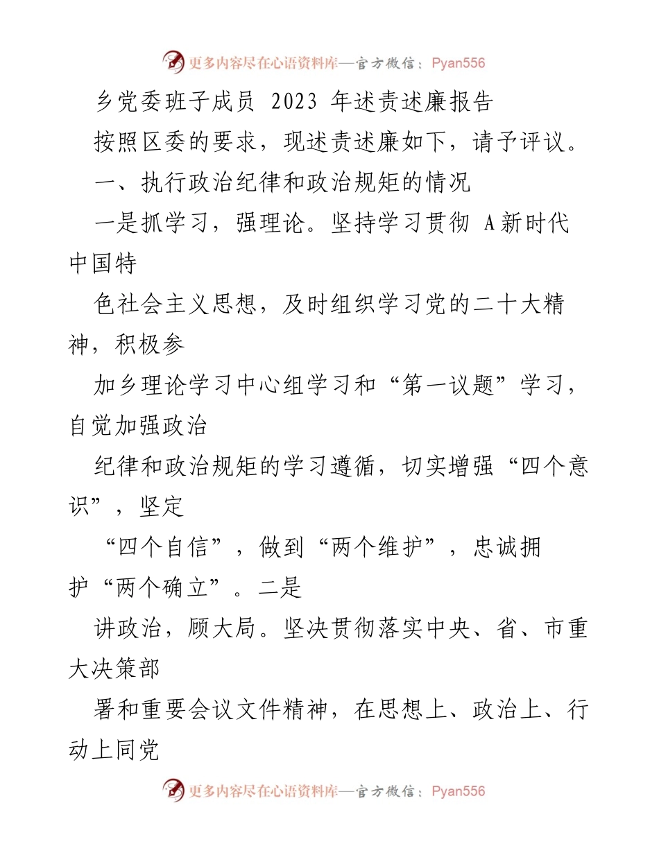 [述责述廉报告] 乡党委 - 2023年乡党委班子成员述责述廉报告.docx_第1页