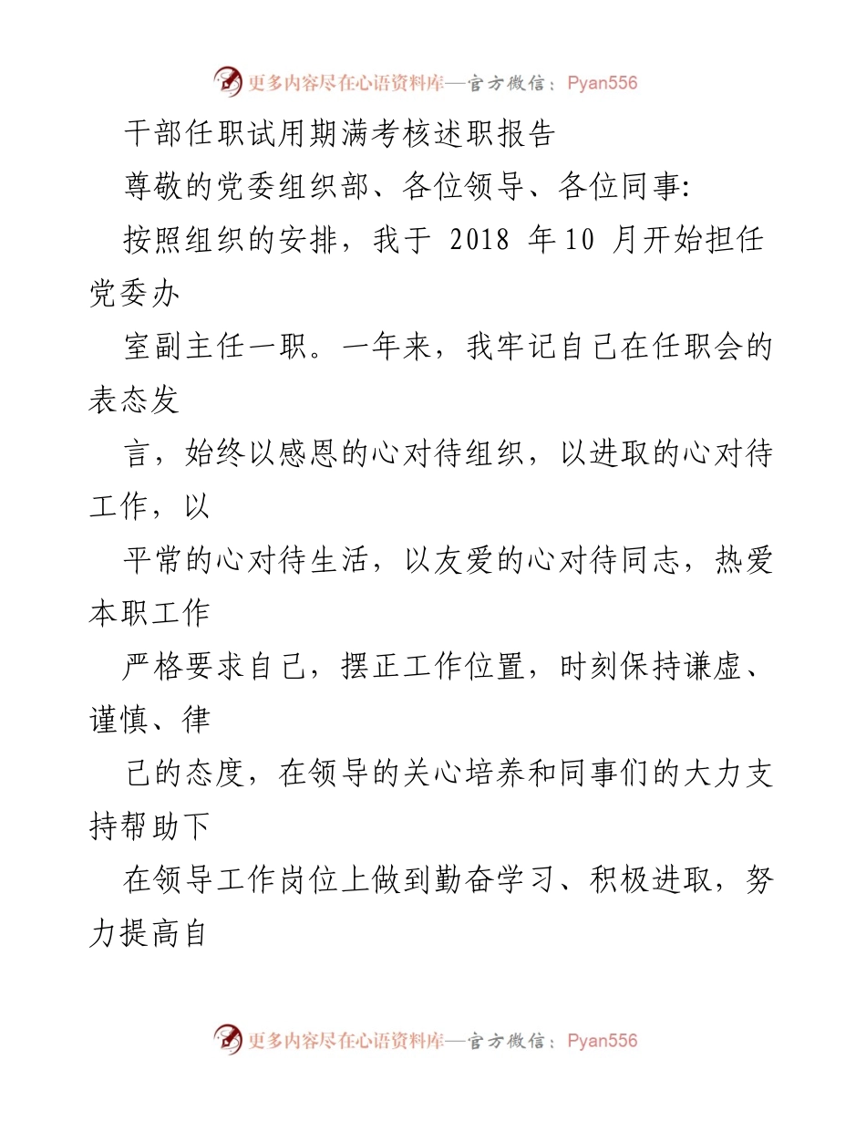 [述职报告] 干部任职考核 - 干部任职试用期满述职报告总结_1.docx_第1页