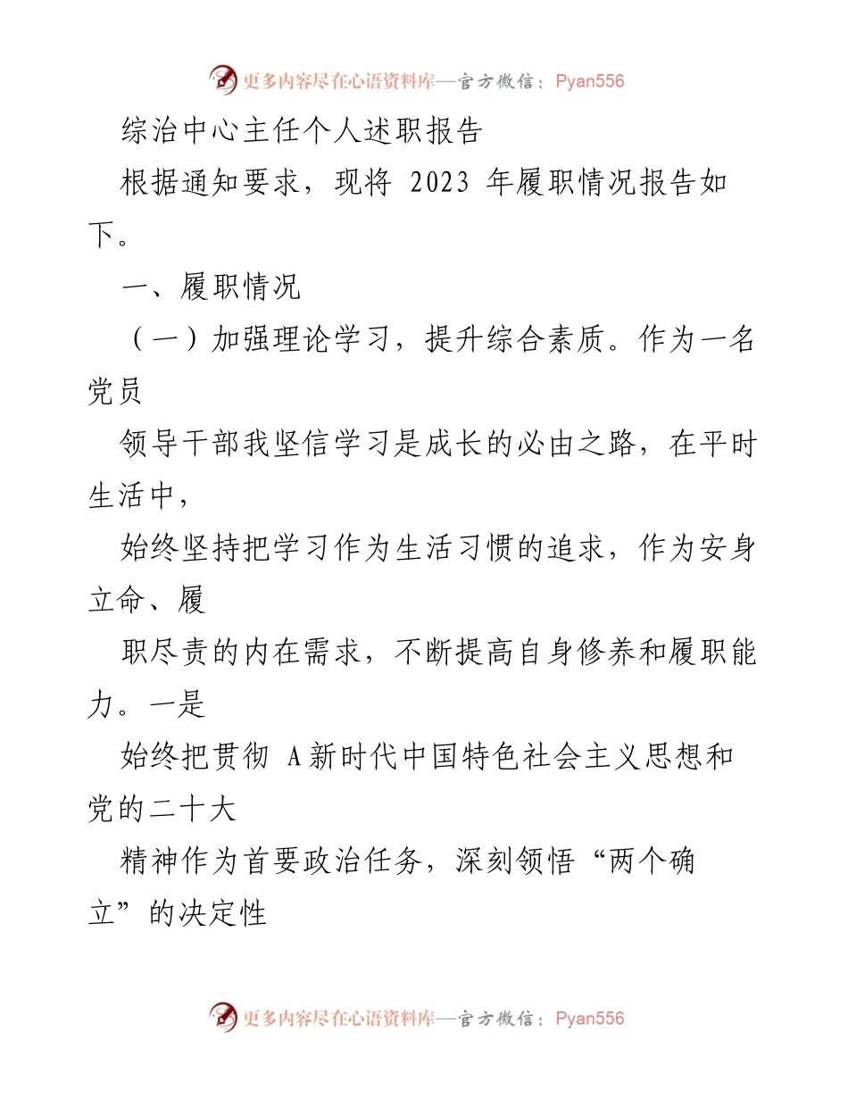 [述职报告] 综治中心 - 2023年综治中心主任履职情况总结.docx_第1页