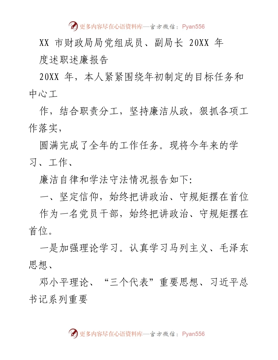 [述职报告] 财政局年度工作 - XX市财政局副局长20XX年度述职述廉报告.docx_第1页
