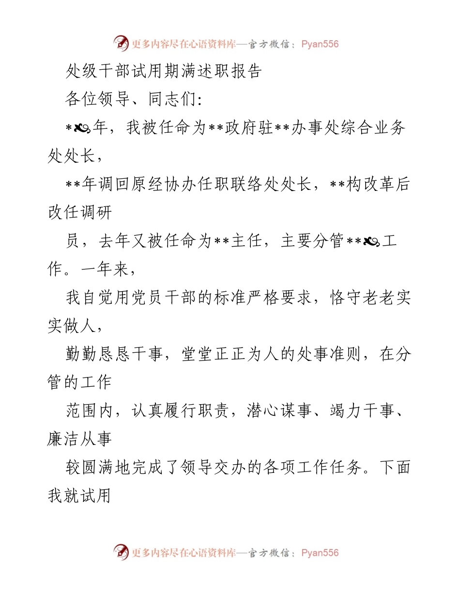 [述职报告] 处级干部试用期满 - 试用期工作总结与反思.docx_第1页