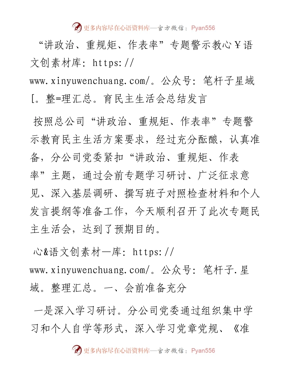 “讲政治、重规矩、作表率”专题警示教育民主生活会总结发言 (1).docx_第1页