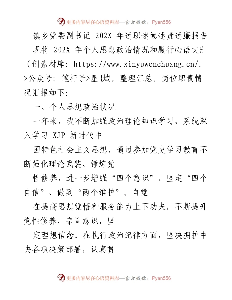 [述职报告] 镇乡党委 - 202X年述职述德述责述廉报告.docx_第1页