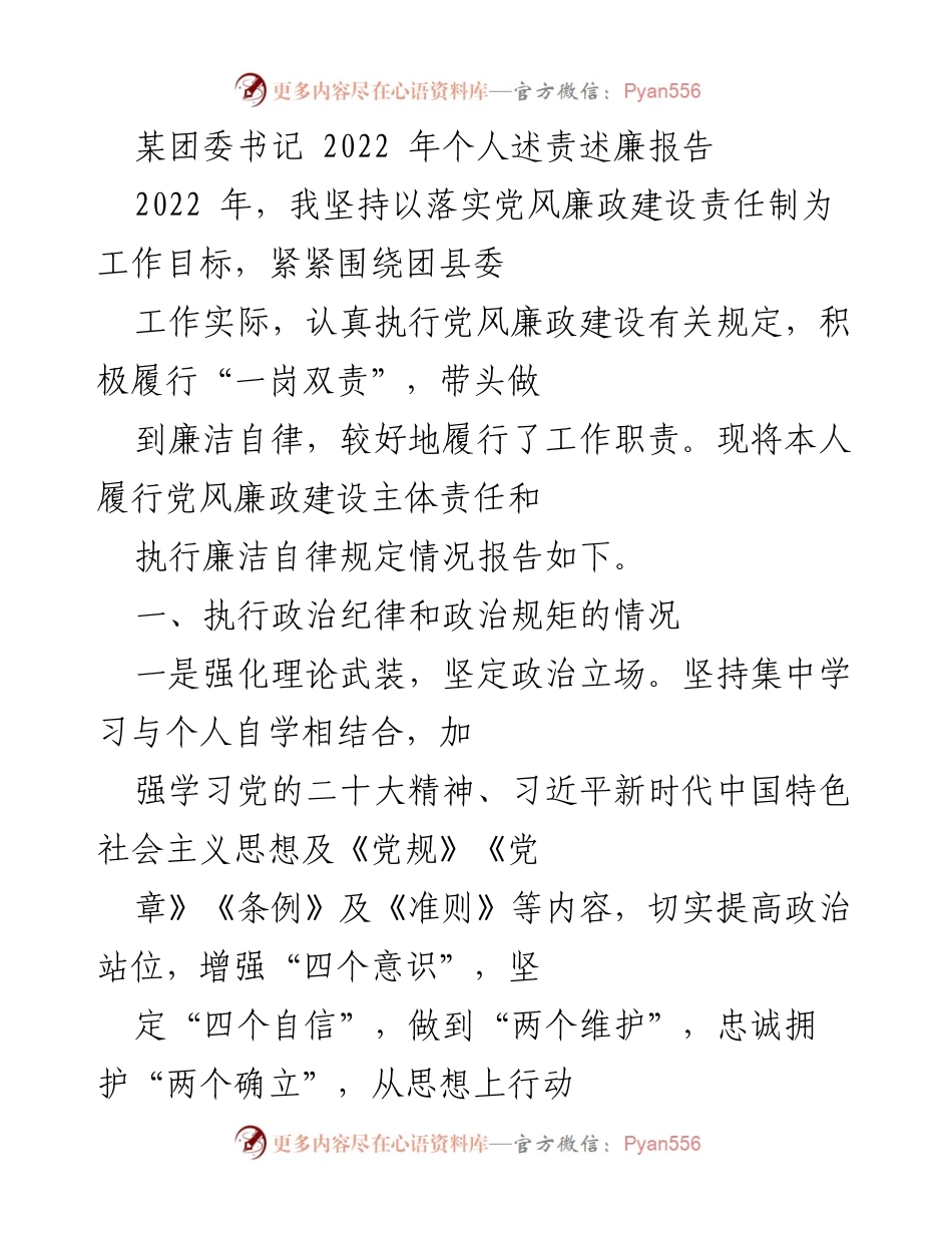 [述责述廉报告] 团委工作 - 2022年团委书记个人述责述廉报告.docx_第1页
