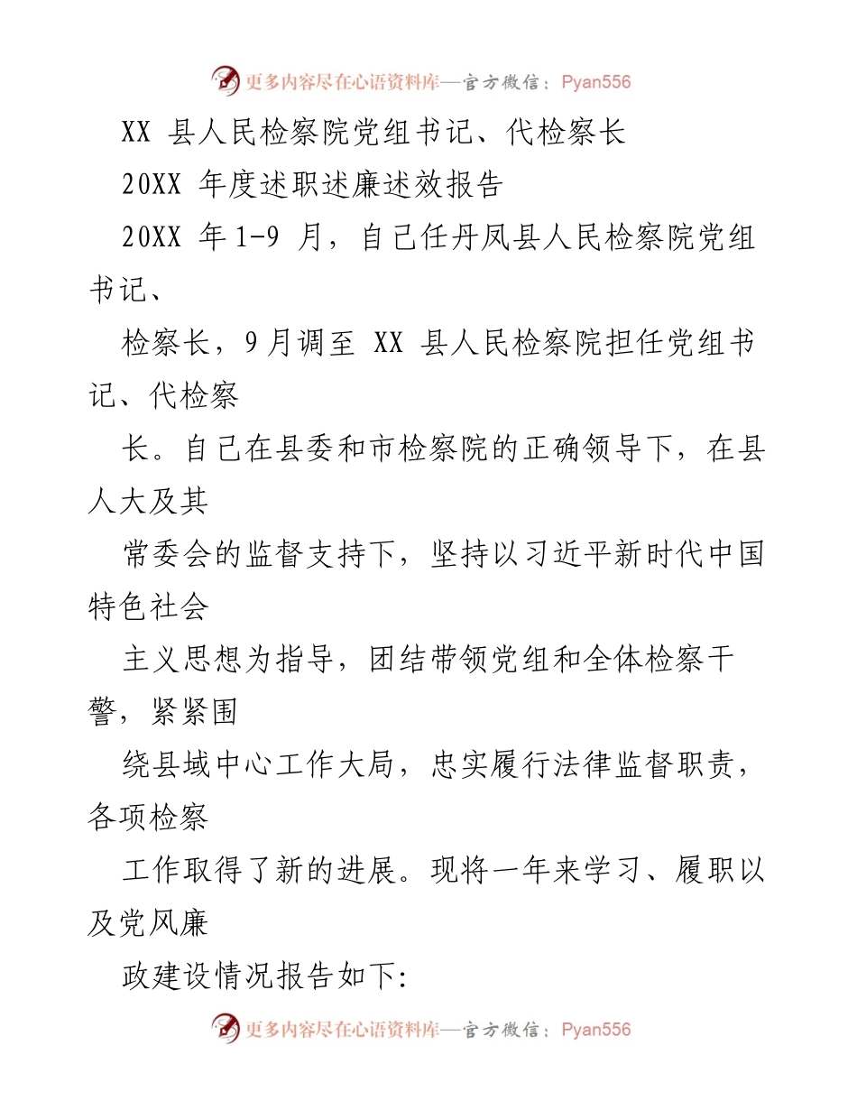 [述职报告] 检察院 - XX 县人民检察院党组书记年度述职述廉报告.docx_第1页