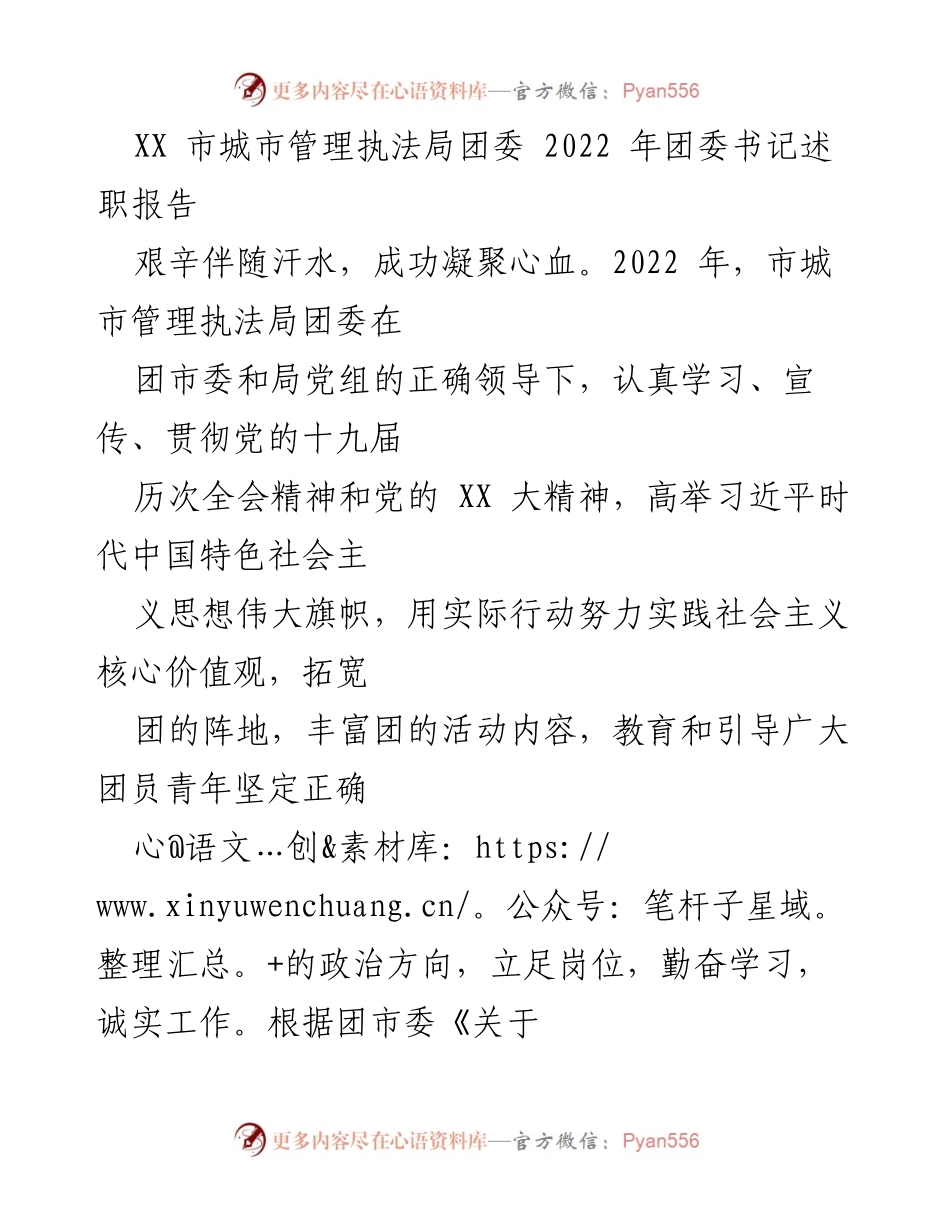 [述职报告] 城市管理执法局 - 2022年团委书记工作总结与展望.docx_第1页